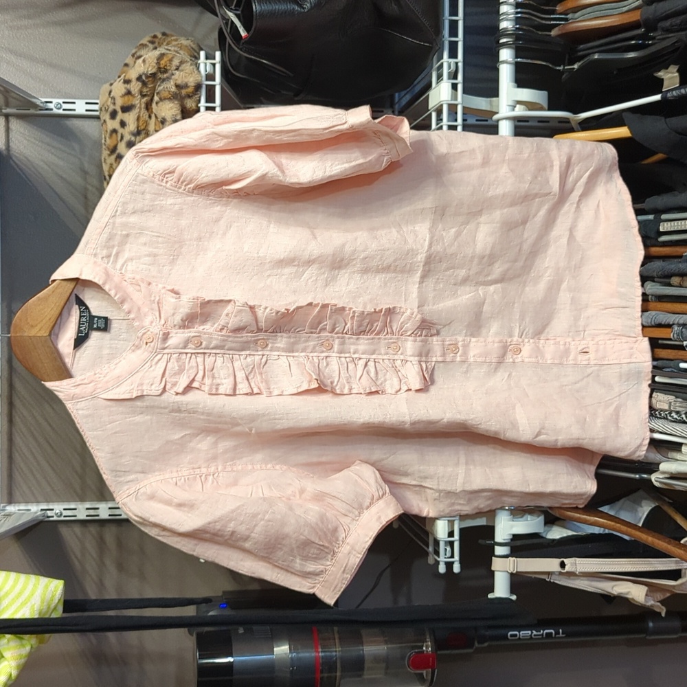 NWT Ralph Lauren puff sleeve button-up XL blouse with ruffles light pink